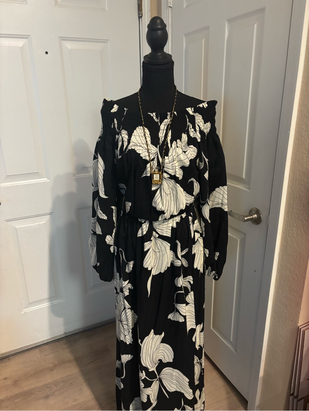 H&M Black Maxi Dress with White Floral Print